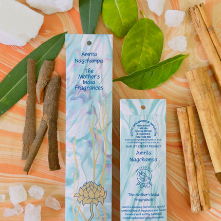 Mothers Fragrances Amrita Nagchampa Incense Front and Back of Packet with Ingredients