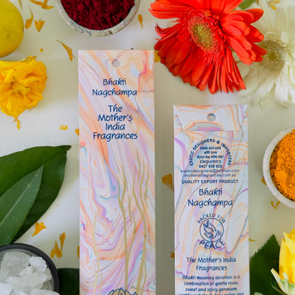 Mothers Fragrances Bhakti Nagchampa Incense Front and Back of Packet with Ingredients