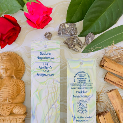 Mothers Fragrances Buddha Nagchampa Incense Front and Back of Packet with Ingredients