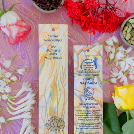 Mothers Fragrances Chakra Nagchampa Incense Front and Back of Packet with Ingredients