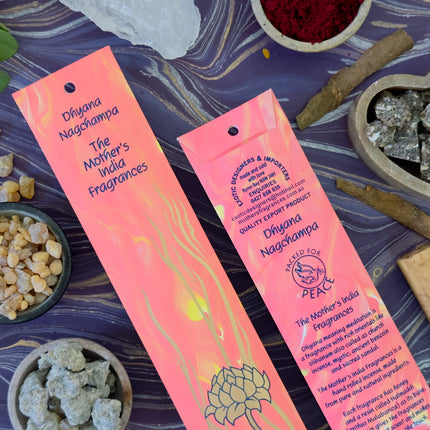 Mothers Fragrances Dhyana Nagchampa Incense Front and Back of Packet with Ingredients