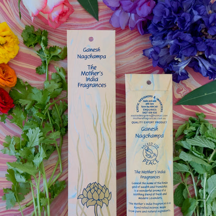 Mothers Fragrances Ganesh Nagchampa Incense Front and Back of Packet with Ingredients