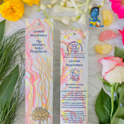 Mothers Fragrances Govinda Nagchampa Incense Front and Back of Packet with Ingredients