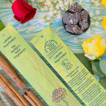 Mothers Fragrances Lakshmi Nagchampa Incense Front and Back of Packet with Ingredients