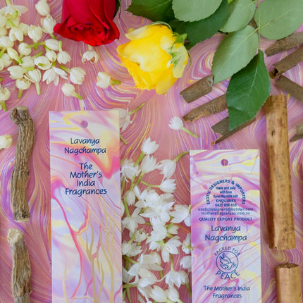 Mothers Fragrances Lavanya Nagchampa Incense Front and Back of Packet with Ingredients