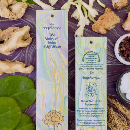 Mothers Fragrances Lila Nagchampa Incense Front and Back of Packet with Ingredients