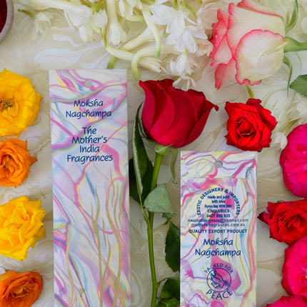 Mothers Fragrances Moksha Nagchampa Incense Front and Back of Packet with Ingredients