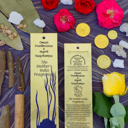 Mothers Fragrances Omani Frankincense and Myrrh Nagchampa Incense Front and Back of Packet with Ingredients