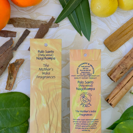 Mothers Fragrances Palo Santo Holy Wood Nagchampa Incense Front and Back of Packet with Ingredients