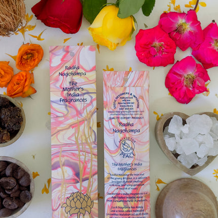 Mothers Fragrances Radha Nagchampa Incense Front and Back of Packet with Ingredients