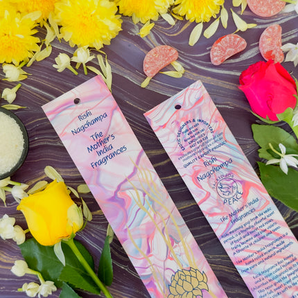 Mothers Fragrances Rishi Nagchampa Incense Front and Back of Packet with Ingredients