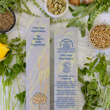 Mothers Fragrances Clary Sage Nagchampa Incense Front and Back of Packet with Ingredients