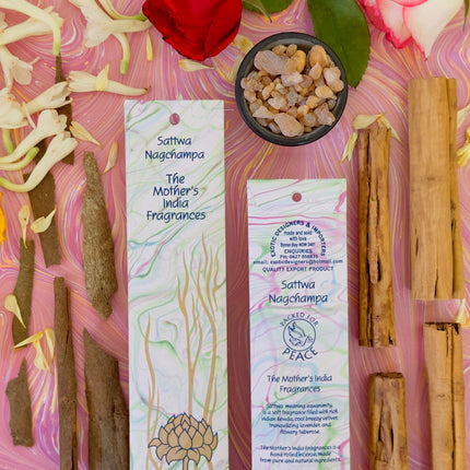 Mothers Fragrances Sattwa Nagchampa Incense Front and Back of Packet with Ingredients