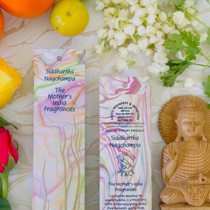 Mothers Fragrances Siddhartha Nagchampa Incense Front and Back of Packet with Ingredients