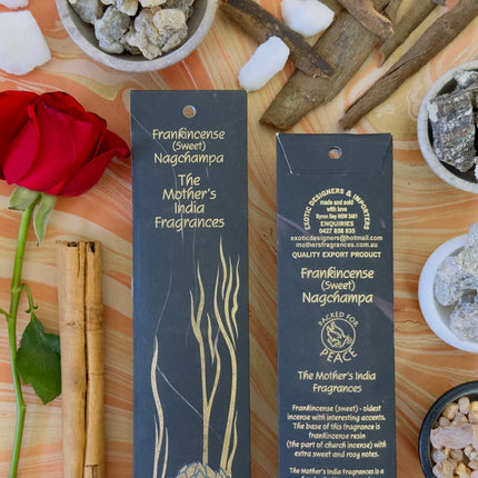 Mothers Fragrances Sweet Frankincense Nagchampa Incense Front and Back of Packet with Ingredients