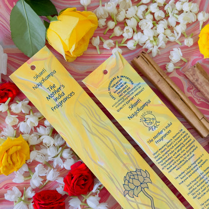 Mothers Fragrances Shanti Nagchampa Incense Front and Back of Packet with Ingredients