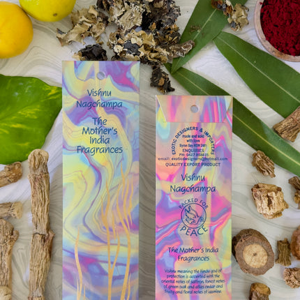 Mothers Fragrances Vishnu Nagchampa Incense Front and Back of Packet with Ingredients