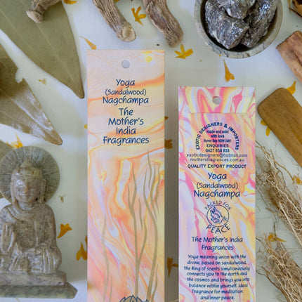 Mothers Fragrances Yoga Sandalwood Nagchampa Incense Front and Back of Packet with Ingredients