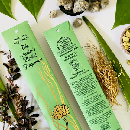 Mothers Fragrances Aloe Vera Nagchampa Incense Front and Back of Packet with Ingredients