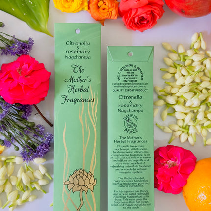 Mothers Fragrances Citronella & Rosemary Nagchampa Incense Front and Back of Packet with Ingredients