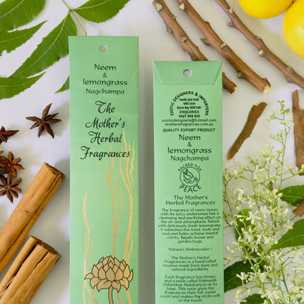 Mothers Fragrances Neem & Lemongrass Nagchampa Incense Front and Back of Packet with Ingredients