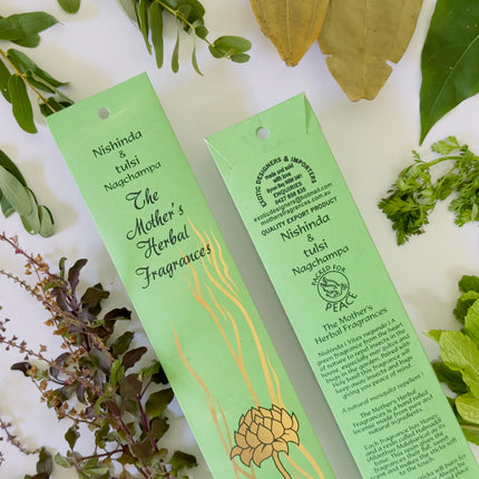 Mothers Fragrances Nishinda & Tulsi Nagchampa Incense Front and Back of Packet with Ingredients