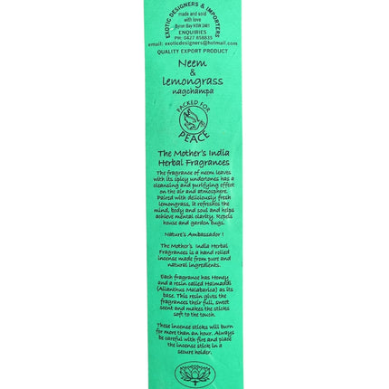 Mothers India Fragrances Incense Neem Lemongrass Nagchampa