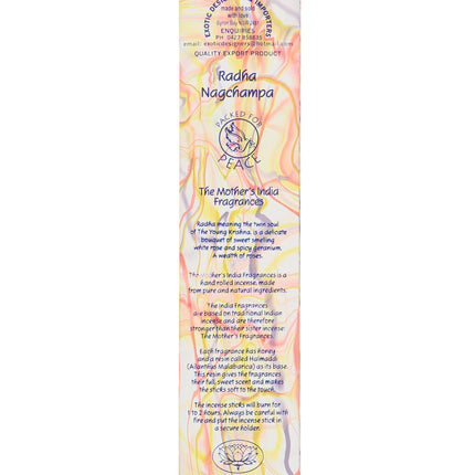 Mothers India Fragrances Incense Radha Nagchampa