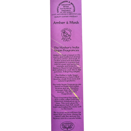 Mothers India Incense Vegan Fragrances Amber & Musk