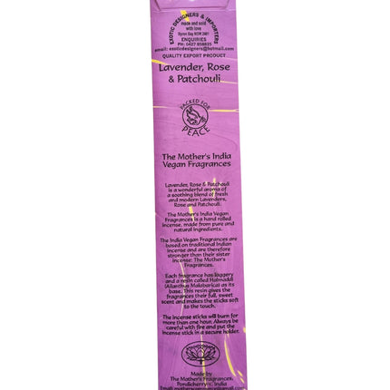 Mothers India Incense Vegan Fragrances Lavender, Rose & Patchouli