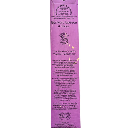 Mothers India Incense Vegan Fragrances Patchouli, Tuberose & Spices