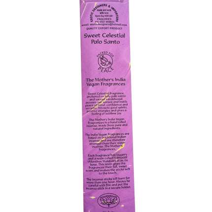 Mothers India Incense Vegan Fragrances Sweet Celestial Palo Santo