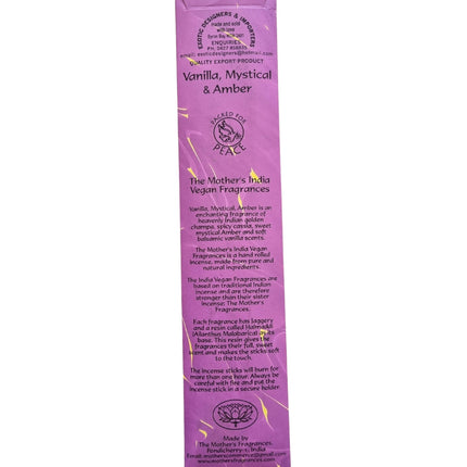 Mothers India Incense Vegan Fragrances Vanilla, Mystical & Amber