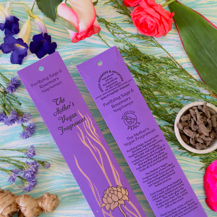 Mothers Vegan Fragrances Purifying Sage & Rosemary Nagchampa Incense Front and Back of Packet with Ingredients