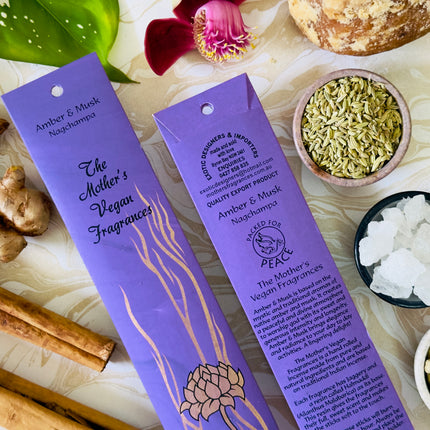 Mothers Vegan Fragrances Incense Amber & Musk Nagchampa Front and Back of Packet with Ingredients