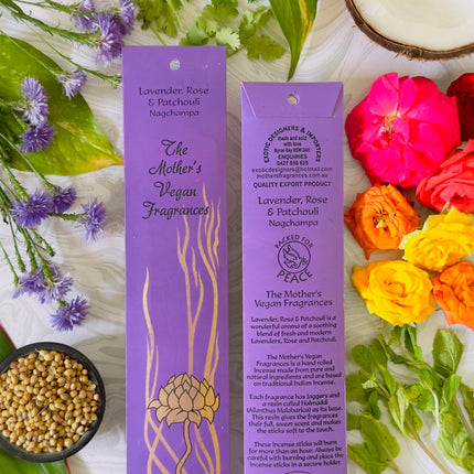 Mothers Vegan Fragrances Lavender Rose & Patchouli Nagchampa Incense Front and Back of Packet with Ingredients