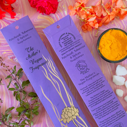 Mothers Vegan Fragrances Patchouli Tuberose & Spices Nagchampa Incense Front and Back of Packet with Ingredients