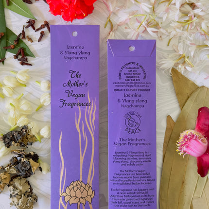 Mothers Vegan Fragrances Jasmine & Ylang Ylang Nagchampa Incense Front and Back of Packet with Ingredients