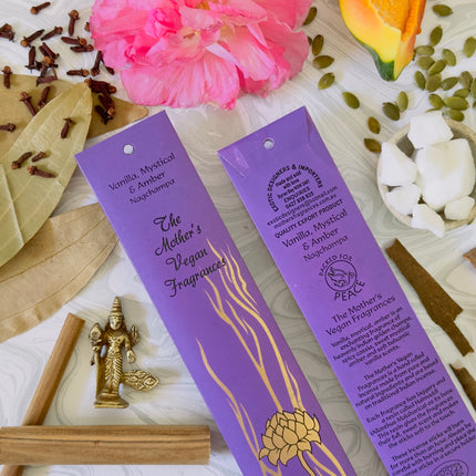 Mothers Vegan Fragrances Vanilla Mystical Amber Nagchampa Incense Front and Back of Packet with Ingredients