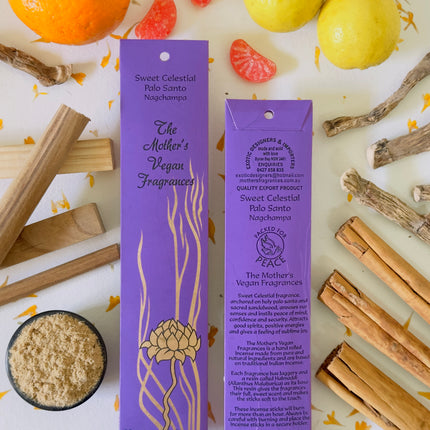 Mothers Vegan Fragrances Incense Palo Santo Nagchampa Front and Back of Packet with Ingredients