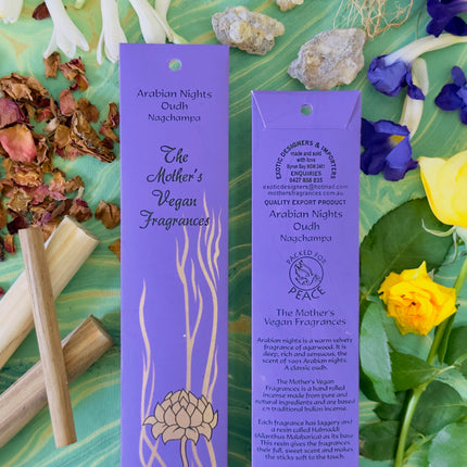 Mothers Vegan Fragrances Arabian Nights Oudh Nagchampa Incense Front and Back of Packet with Ingredients