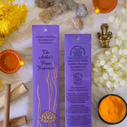 Mothers Vegan Fragrances Golden Champa Sandalwood Nagchampa Incense Front and Back of Packet with Ingredients