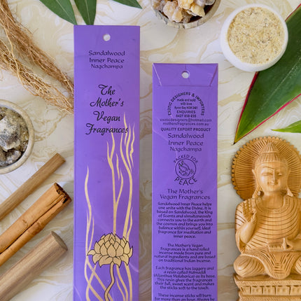 Mothers Vegan Fragrances Sandalwood Inner Peace Nagchampa Incense Front and Back of Packet with Ingredients